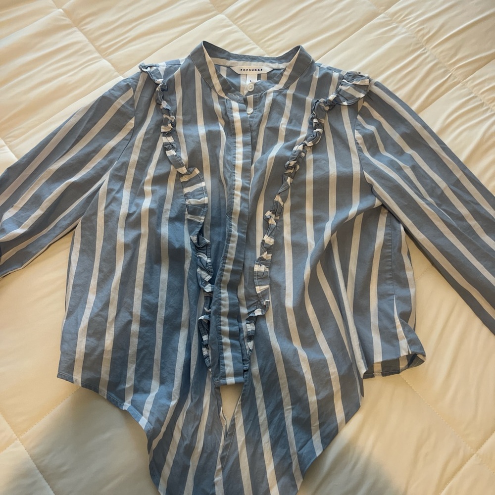 Zara Blue and White Ruffle Stripe Top